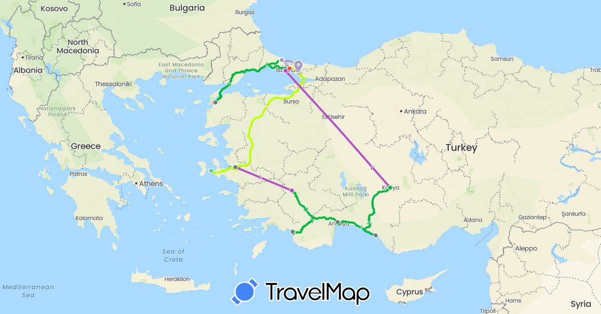 TravelMap itinerary: bus, train, hiking, airport limousine, metro, taxi, walking, tram t2, minibus, intercity bus in Turkey (Asia)